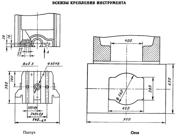 Ескіз крепления инструмента на кривошипном открытом наклоняемом прессе КЕ2330А